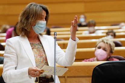 MADRID, 08/06/2021.- La vicepresidenta cuarta y ministra para la Transición Ecológica, Teresa Ribera, interviene durante la sesión de control al Gobierno celebrada en el Senado, este martes en Madrid. EFE/ Mariscal