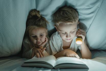 Dos niños leen en la cama.