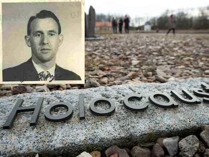 Uma imagem de Friedrich Karl Berger sobreposta a uma foto do campo de concentração de Buchenwald, na Alemanha.