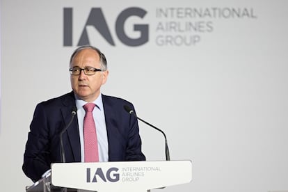 El consejero delegado de IAG, Luis Gallego, esta mañana en la junta de accionistas del grupo celebrada en Madrid.
