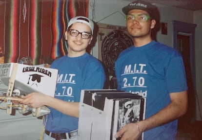 Alex Padilla studied engineering at MIT. Here, on the right, he wears a cap that says Pacoima and poses with a photograph of Emiliano Zapata.