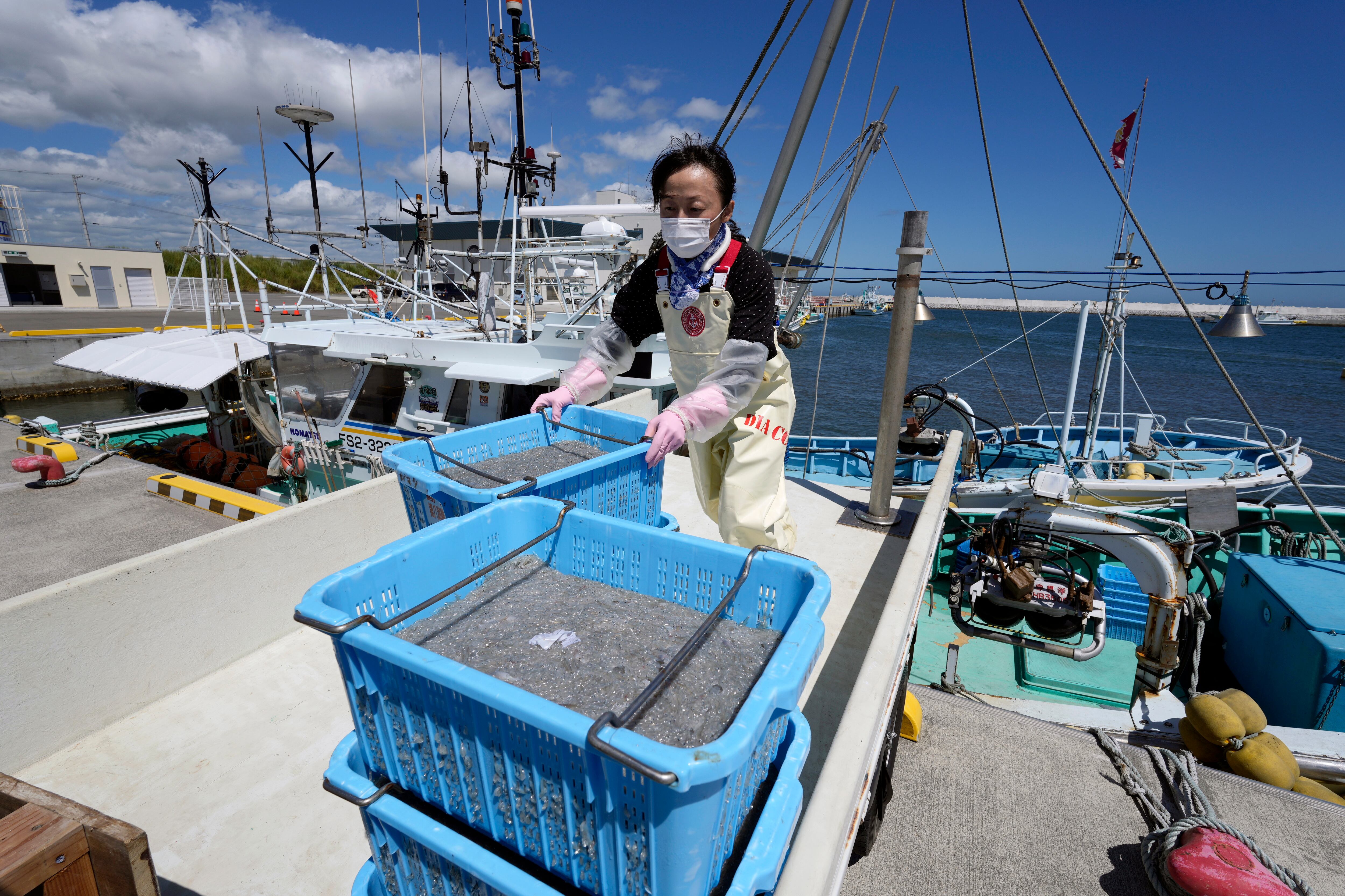 Una mujer carga un camión con cajas de pescado capturado por la mañana, en el puerto pesquero de Ukedo, cerca de la central nuclear de Fukushima, en Namie (Japón), este jueves.