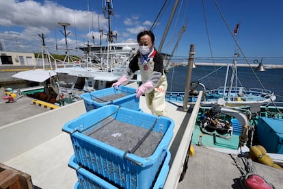 Una mujer carga un camión con cajas de pescado capturado por la mañana, en el puerto pesquero de Ukedo, cerca de la central nuclear de Fukushima, en Namie (Japón), este jueves.