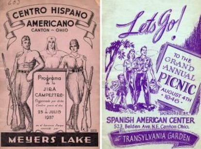 Las portadas de los programas del pícnic anual organizado por el Centro Hispano Americano de Canton (Ohio) de 1937 (arriba) y 1946 (abajo) muestran la americanización de los emigrantes españoles en una década. De la “jira campestre” al “grand annual picnic”; de los milicianos con fusiles a la familia con perro incluido.