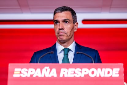 El secretario general del PSOE y presidente del Gobierno, Pedro Sánchez, este lunes en la sede del partido en Madrid.