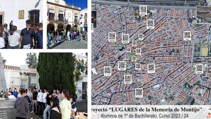 Estudiantes visitando localizaciones de la Memoria historia de Montijo y Detalle del Panel con el plano municipal y cdigos QR.