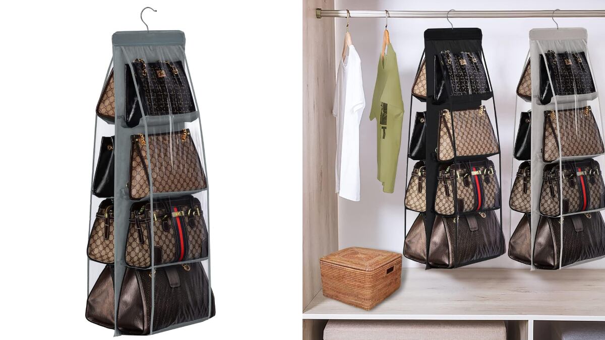Organizador para colgar bolsos con gancho incluido.