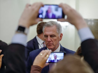 U.S. House Speaker Kevin McCarthy speaks with reporters as he arrives for the day at the U.S. Capitol in Washington, on September 18, 2023.