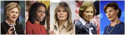 De izquierda a derecha, Hillary Clinton, Michelle Obama, Melania Trump, Rosalynn Carter y Laura Bush.