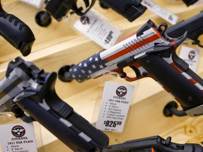 A U.S. flag-themed handgun is displayed at the Des Moines Fairgrounds Gun Show at the Iowa State Fairgrounds in March 2023.