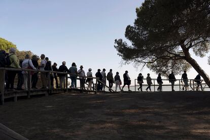 Una fila de visitantes en el parque de Doñana.