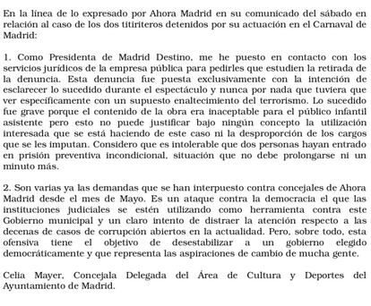 El comunicado de Celia Mayer en Twitter sobre los titiriteros.