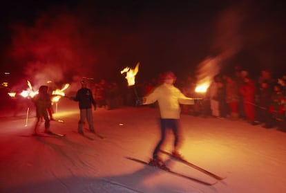 A nocturnal skiing display at La Molina resort in the Catalan Pyrenees.