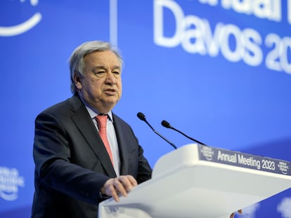 Secretary-General of the United Nations Antonio Guterres speaks at the World Economic Forum in Davos, Switzerland, on Wednesday, Jan. 18, 2023.