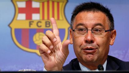 Josep Maria Bartomeu. en la seva última roda de premsa.