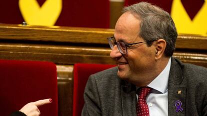 El presidente de la Generalitat, Quim Torra, durante la sesión de control al Govern en el pleno del Parlament.