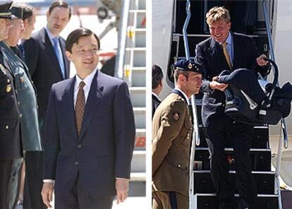 Los príncipes Naruhito y Guillermo de Holanda (a la derecha, con su hija Amalia), en la base de Torrejón.