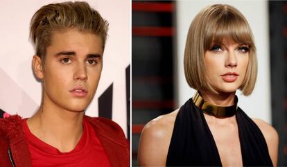 Los cantantes Justin Bieber y Taylor Swift.