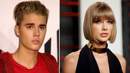 Os cantores Justin Bieber e Taylor Swift.