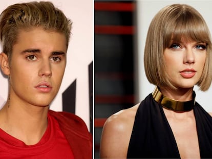 Os cantores Justin Bieber e Taylor Swift.