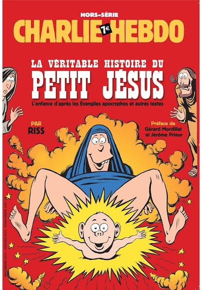 La publicación no solo ha reproducido caricaturas de la religión musulmana. Una de las portadas de diciembre de 2014 mostraba un dibujo de la virgen María dando a luz, acompañada de la frase "La verdadera historia del niño Jesús"