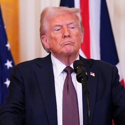 FILE PHOTO: U.S. President Donald Trump speaks during a joint press conference with British Prime Minister Keir Starmer in the East Room at the White House, February 27, 2025 in Washington, D.C., U.S. Carl Court/Pool via REUTERS/File Photo