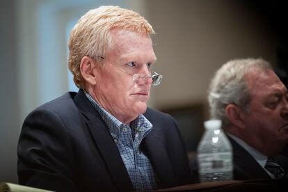 Alex Murdaugh listens to testimony about cellphones during his double murder trial at the Colleton County Courthouse on Friday, Feb. 10, 2023, in Walterboro, S.C.