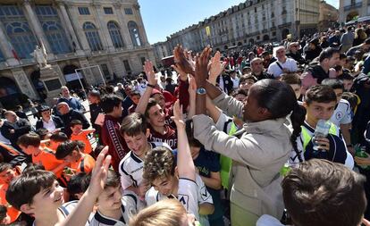 Fiona May, en uno de los actos de la campaña itinerante contra el racismo que apadrinó entre 2015 y 2017.
