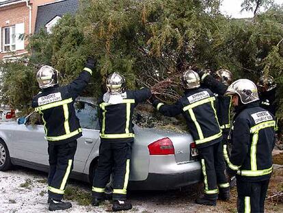 Los bomberos retiran un árbol caído sobre un coche en la localidad madrileña de Collado Mediano.