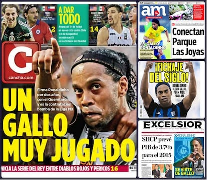 Portada del suplemento deportivo del periódico Reforma en el que se anuncia la contratación de Ronaldinho, en septiembre de 2014, por los Gallos de Querétaro