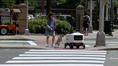 Una mujer y su perro en un cruce peatonal junto a un robot de Avride en Jersey City, en junio 2025.
