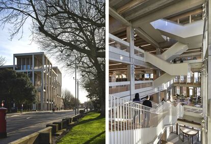 <strong>Town House</strong>, en la Universidad de Kingston, en Reino Unido (2019). El nuevo edificio de seis plantas hace las veces de puerta entrada para el campus de la ciudad y de fortaleza sobre el río Thames. Los interiores abiertos se unifican por la envoltura de columnatas de piedra del exterior. |