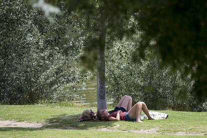 Refugiarse del calor bajo la sombra de un árbol parece imprescindible hoy en Sevilla, junto al Puente de Triana.