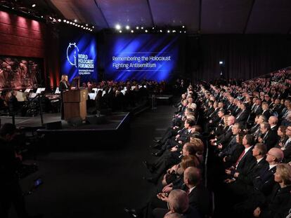 Reuven Rivlin se dirige a los líderes mundiales congregados en el foro del Holocausto, este jueves en Jerusalén.