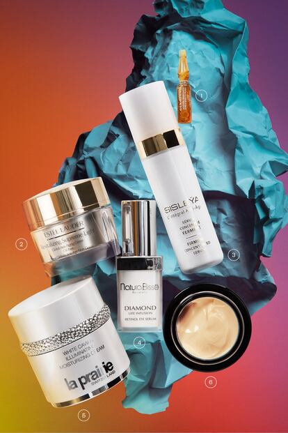 <b><p>Mimos para la piel</b></p>
<b>1. Doble Efecto Flash</b>, de Germinal. Ampollas con aminoácidos y extractos naturales que oxigenan y activan el metabolismo de los tejidos tensando la piel de forma inmediata. 20,50 euros la caja de cinco ampollas. <b>2. Revitalizing Supreme Light</b>, de Estée Lauder. Crema ligera, suave y libre de aceites que reduce las arrugas, la flacidez, el tono apagado y la deshidratación. 103 euros. <b>3. Sérum Concentré Fermeté Sisleyä</b>, de Sisley. El extracto de majorana actúa sobre la enzima que potencia la reafirmación de la piel. 371 euros. <b>4. Diamond Life Infusion</b>, de Natura Bissé. Biomarcador que preserva las células madre para mantener la piel biológicamente joven. Estimula los mecanismos antioxidantes y minimiza la acción de los radicales libres. 196,50 euros. <b>5. White Caviar Illuminating Moisturizing Cream</b>, de La Prairie. Crema hidratante iluminadora con caviar blanco que restaura imperfecciones, alisa arrugas y aporta firmeza. 423 euros. <b>6. Future Solution LX</b>, de Shiseido. Crema de noche formulada con un concentrado exclusivo que ayuda a revitalizar la piel aportando más luz. 153 euros.