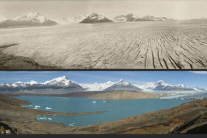 Glaciar Upsala, en la Patagonia argentina, en 1928 y 2004.