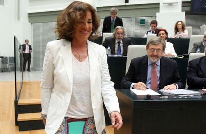 Ana Botella antes de intervenir en el pleno del Ayuntamiento, a su lado, el portavoz del PSOE, Jaime Lissavetzky.