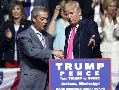 El presidente electo de EE UU, Donald Trump,con el pol&iacute;tico pro-&#039;Brexit&#039; Nigel Farage en un acto de campa&ntilde;a el pasado agosto.