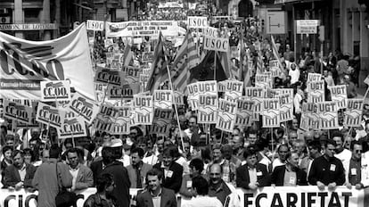 Manifestaci&oacute;n del Primero de Mayo, en Barcelona, convocada por UGT, CCOO, USOC, SPC y otros. 
 