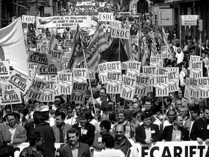 Manifestaci&oacute;n del Primero de Mayo, en Barcelona, convocada por UGT, CCOO, USOC, SPC y otros. 
 