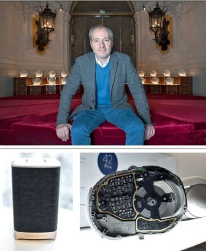 Arriba, Quentin Sannié, CEO de Devialet. Abajo, un Phantom por dentro y el prototipo de home cinema en una pieza que se pondrá a la venta próximamente.