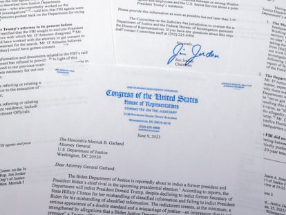 A letter that House Judiciary Committee Chairman Jim Jordan, of Ohio, wrote on June 9, 2023, to Attorney General Merrick Garland is photographed in Frederick, Md. Former President Donald Trump’s indictment on charges of mishandling classified documents is set to play out in federal court in Florida.