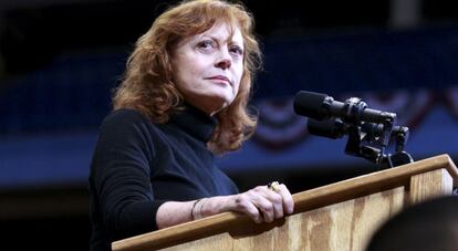 Susan Sarandon, em um ato de apoio a Bernie Sanders.