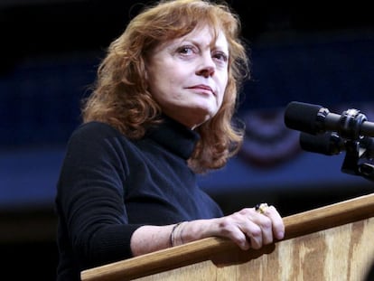 Susan Sarandon, em um ato de apoio a Bernie Sanders.