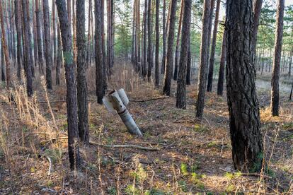 Un cohete sin explotar en medio del bosque de Pischanka, cerca de Izium.