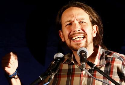 Pablo Iglesias, secretario general de Podemos, durante la noche electoral del 24M.