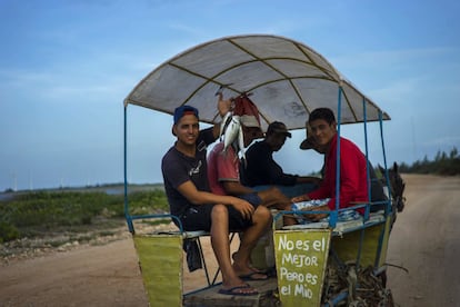 Un grupo de jóvenes vende pescado fresco en un carromato cerca de Gibaram en la provincia de Holguín (Cuba).