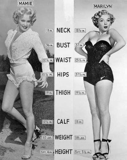 Cosas de otros tiempos: cartel comparativo con las medias de los cuerpos de Mamie Von Doren y Marilyn Monroe shape up.