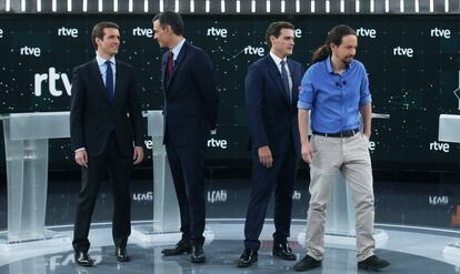 Los cuatro principales candidatos, en el debate organizado por RTVE el pasado abril.