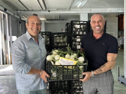 Paco García y Eladio Rueda en la nave de Frutas Eladio. J.C. CAPEL